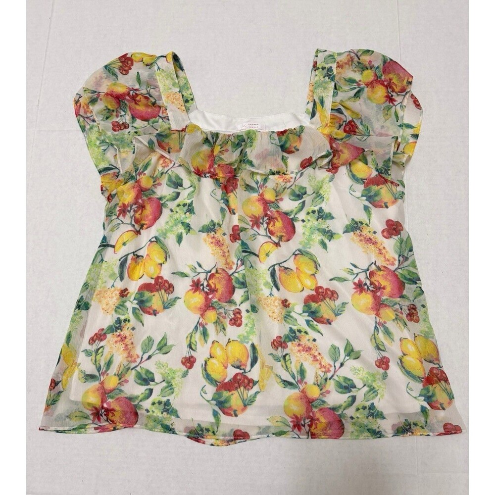 LC Lauren Conrad Market Blooms L Fruit Lemon Cherry Print Chiffon Top Blouse